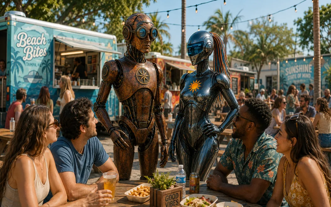 Hemingway and Sunny standing at a beachside food truck while people at the picnic tables watch