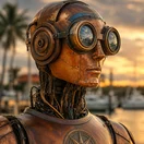 Hemingway, a weathered bronze robot with brass goggles