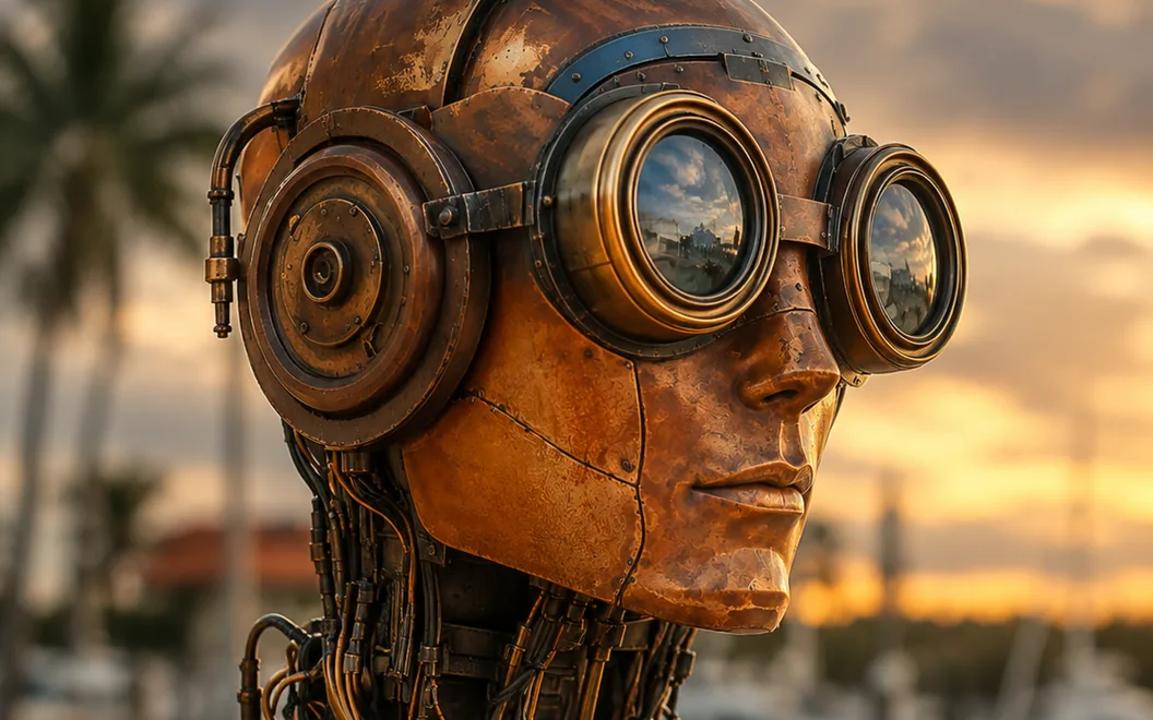 Hemingway, a weathered bronze robot with brass goggles