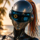 Sunny, a chrome robot with orange cable dreadlocks and a sun emblem