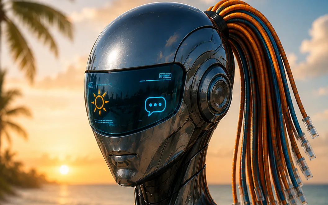 Sunny, a chrome robot with orange cable dreadlocks and a sun emblem